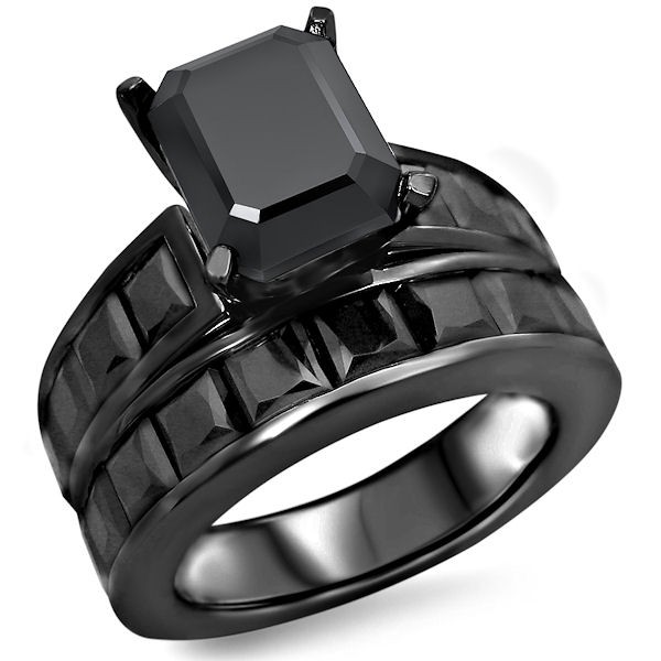 8.10ct black emerald cut diamond engagement ring bridal set 14k black gold